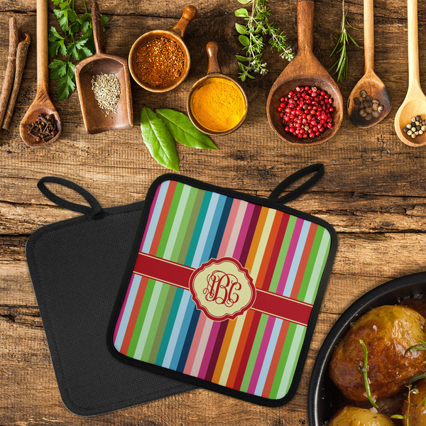 Retro Vertical Stripes Neoprene Pot Holder - Set of 2  LIFESTYLE (Flatlay)