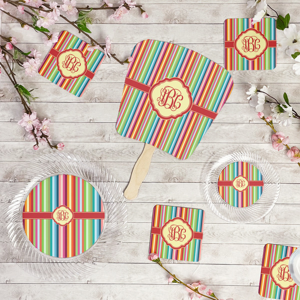 Retro Vertical Stripes Party Supplies Combination Image - All items - Plates, Coasters, Fans