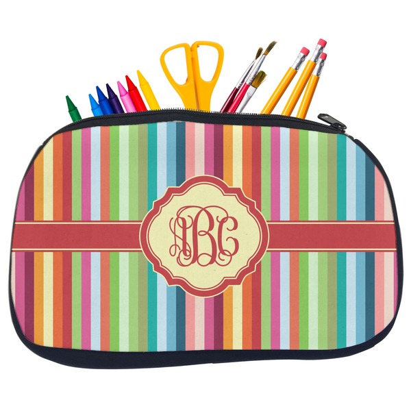 Custom Retro Vertical Stripes Neoprene Pencil Case - Medium w/ Monogram