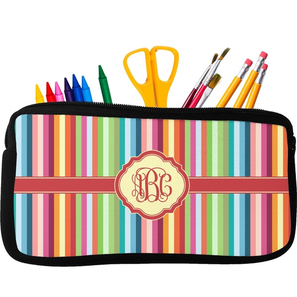 Custom Retro Vertical Stripes Neoprene Pencil Case - Small w/ Monogram