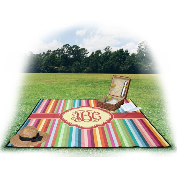 Retro Vertical Stripes Picnic Blanket - with Basket Hat and Book - in Use