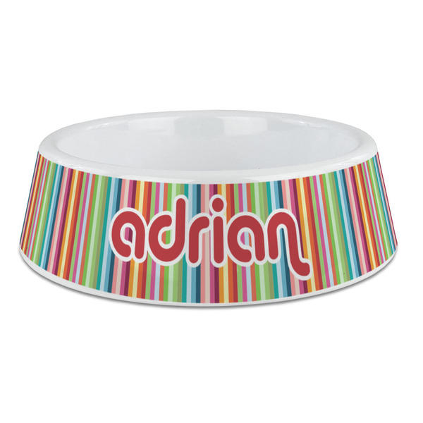 Custom Retro Vertical Stripes Plastic Dog Bowl - Large (Personalized)