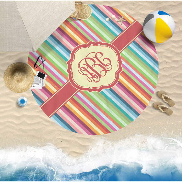 Retro Vertical Stripes Round Beach Towel Lifestyle
