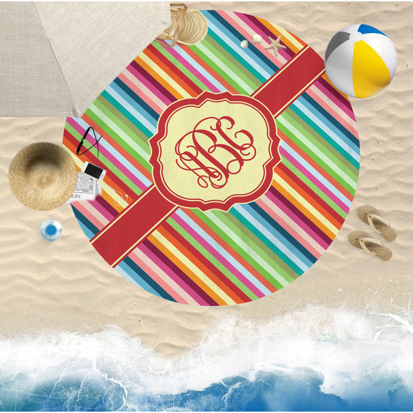 Retro Vertical Stripes Round Beach Towel Lifestyle