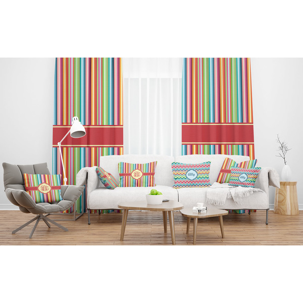 Retro Vertical Stripes Sheer and Custom Curtains in Room with Matching Pillows