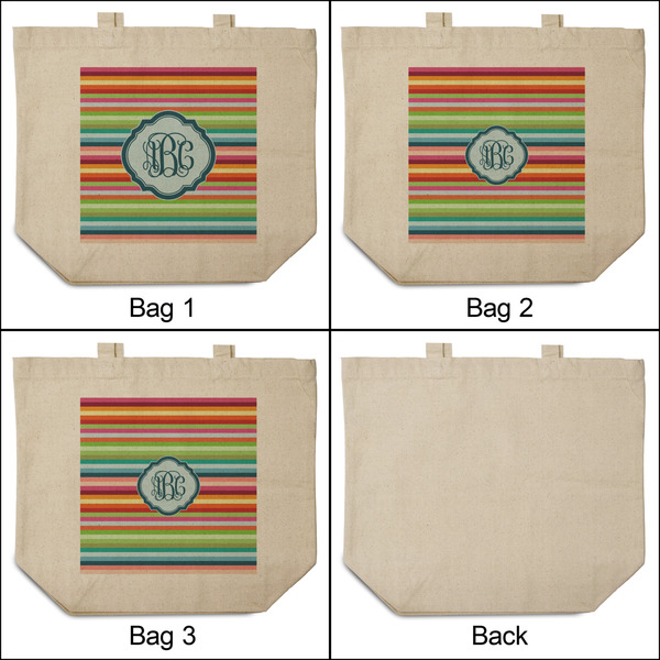Retro Horizontal Stripes 3 Reusable Cotton Grocery Bags - Front & Back View