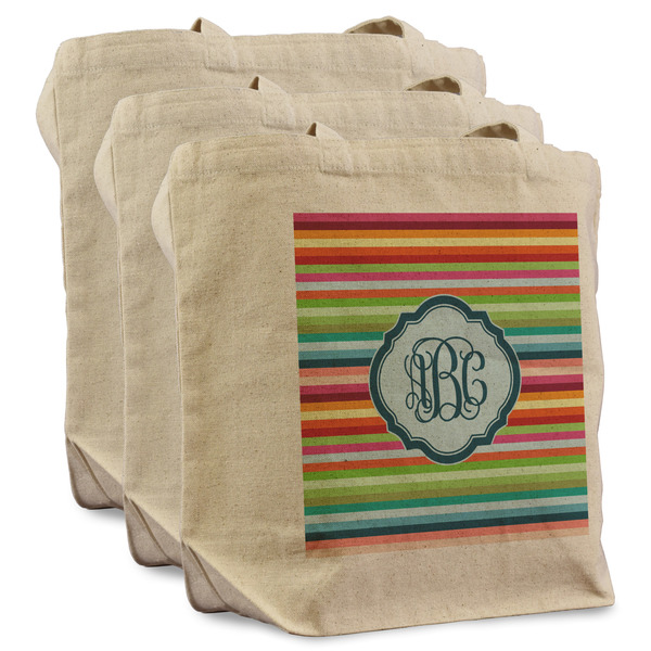 Retro Horizontal Stripes 3 Reusable Cotton Grocery Bags - Front View