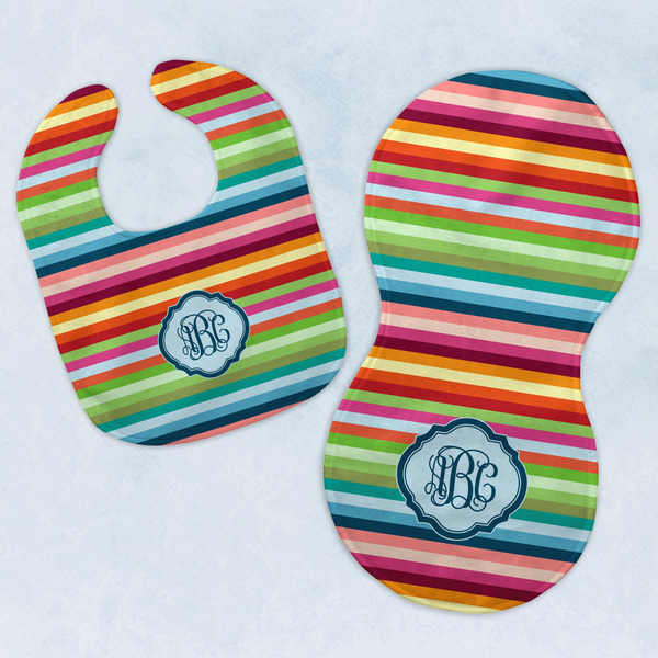 Custom Retro Horizontal Stripes Baby Bib & Burp Set w/ Monogram