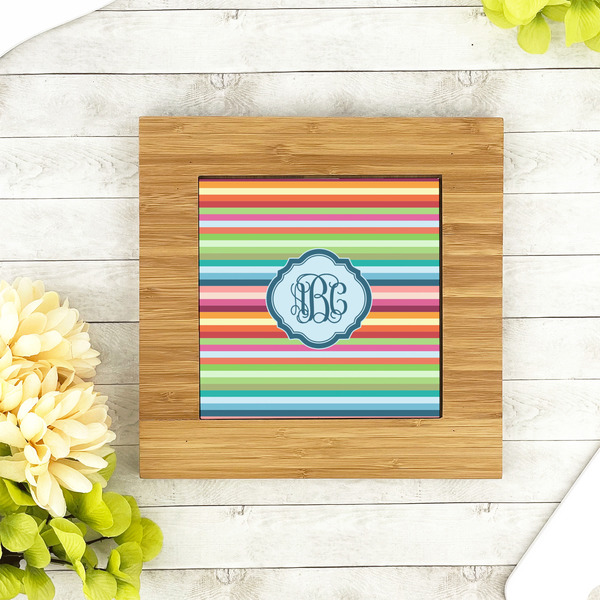 Retro Horizontal Stripes Bamboo Trivet with 6" Tile - LIFESTYLE