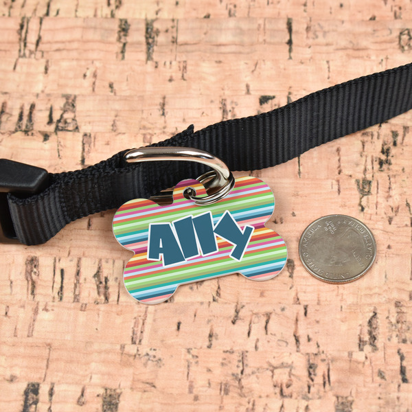 Retro Horizontal Stripes Bone Shaped Dog ID Tag - Large - In Context