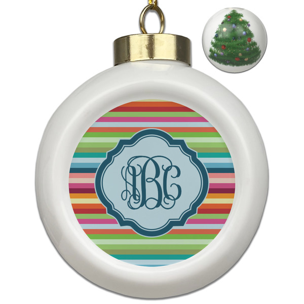 Custom Retro Horizontal Stripes Ceramic Ball Ornament - Christmas Tree (Personalized)
