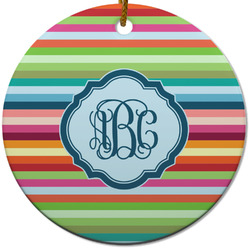 Retro Horizontal Stripes Round Ceramic Ornament w/ Monogram