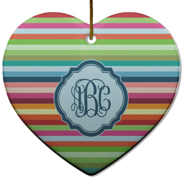 Custom Retro Horizontal Stripes Heart Ceramic Ornament w/ Monogram