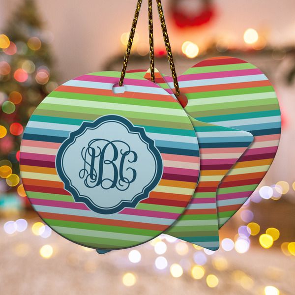 Custom Retro Horizontal Stripes Ceramic Ornament w/ Monogram