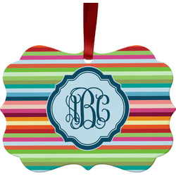 Retro Horizontal Stripes Metal Frame Ornament - Double Sided w/ Monogram