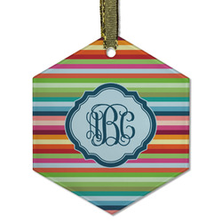 Retro Horizontal Stripes Flat Glass Ornament - Hexagon w/ Monogram
