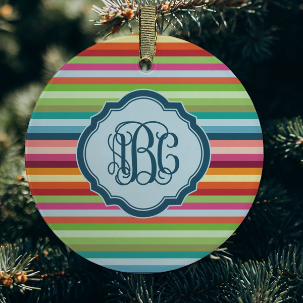Retro Horizontal Stripes Frosted Glass Ornament - Round (Lifestyle)