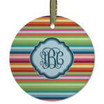 Retro Horizontal Stripes Flat Glass Ornament - Round w/ Monogram
