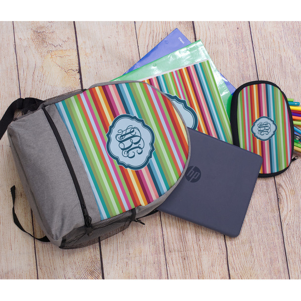 Retro Horizontal Stripes Large Backpack - Gray - With Stuff