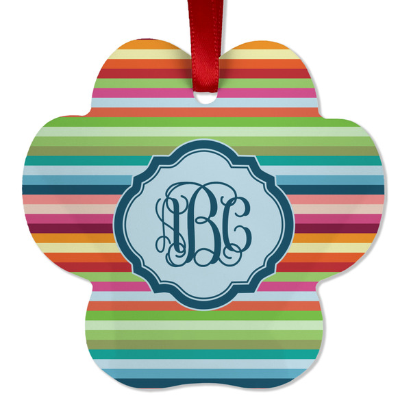 Custom Retro Horizontal Stripes Metal Paw Ornament - Double Sided w/ Monogram
