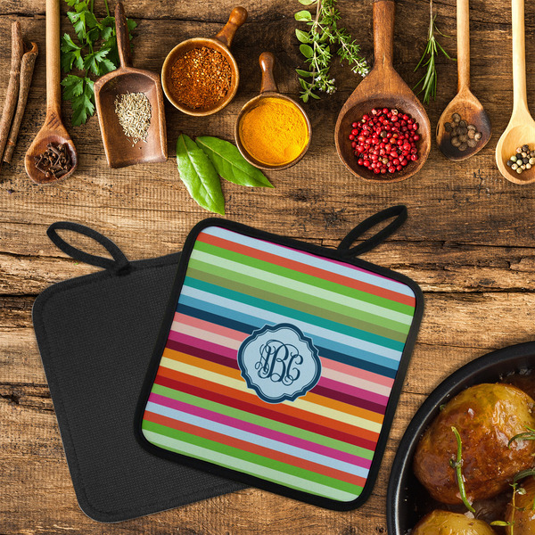 Retro Horizontal Stripes Neoprene Pot Holder - Set of 2  LIFESTYLE (Flatlay)