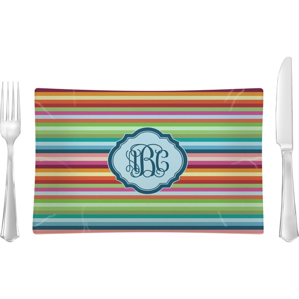 Custom Retro Horizontal Stripes Glass Rectangular Lunch / Dinner Plate w/ Monogram