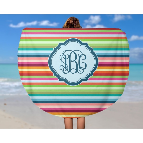Retro Horizontal Stripes Round Beach Towel - In Use