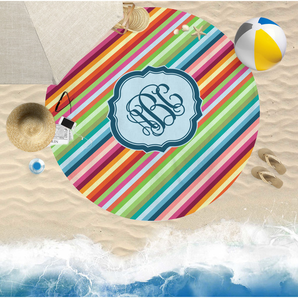 Retro Horizontal Stripes Round Beach Towel Lifestyle