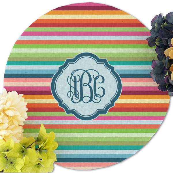 Retro Horizontal Stripes Round Linen Placemats - Front (w flowers)