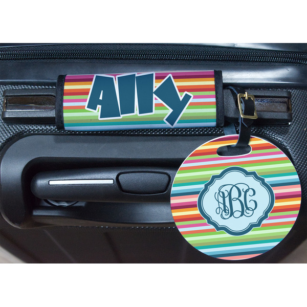 Retro Horizontal Stripes Round Luggage Tag & Handle Wrap - In Context