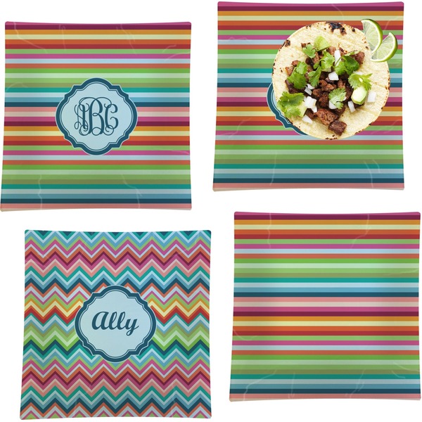 Custom Retro Horizontal Stripes Set of 4 Glass Square Lunch / Dinner Plate 9.5" (Personalized)