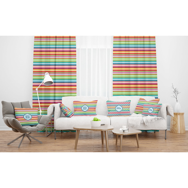 Retro Horizontal Stripes Sheer and Custom Curtains in Room with Matching Pillows