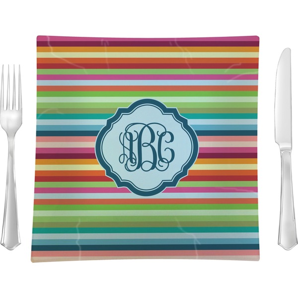 Custom Retro Horizontal Stripes 9.5" Glass Square Lunch / Dinner Plate- Single or Set of 4 (Personalized)
