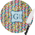 Retro Pixel Squares Round Glass Cutting Board - Small (Personalized)