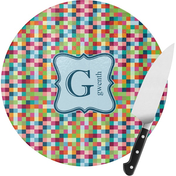 Custom Retro Pixel Squares Round Glass Cutting Board - Small (Personalized)