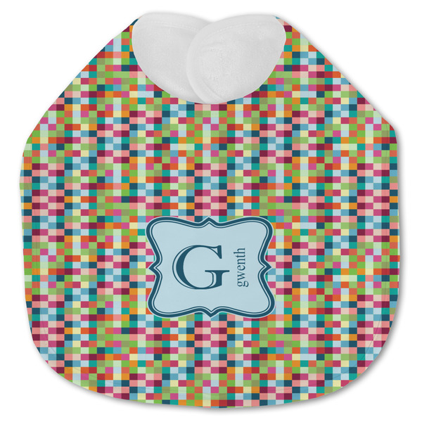 Custom Retro Pixel Squares Jersey Knit Baby Bib w/ Name and Initial