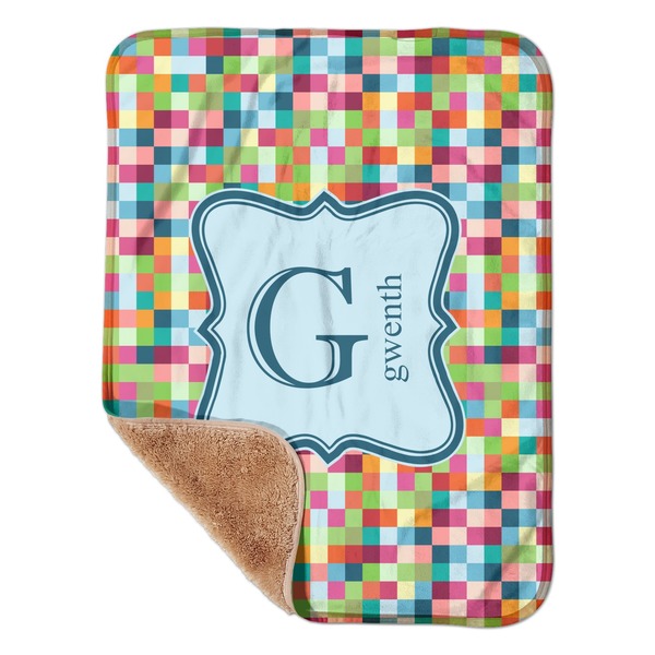 Custom Retro Pixel Squares Sherpa Baby Blanket - 30" x 40" w/ Name and Initial