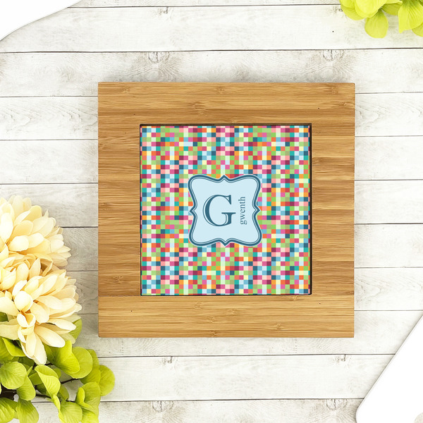 Retro Pixel Squares Bamboo Trivet with 6" Tile - LIFESTYLE