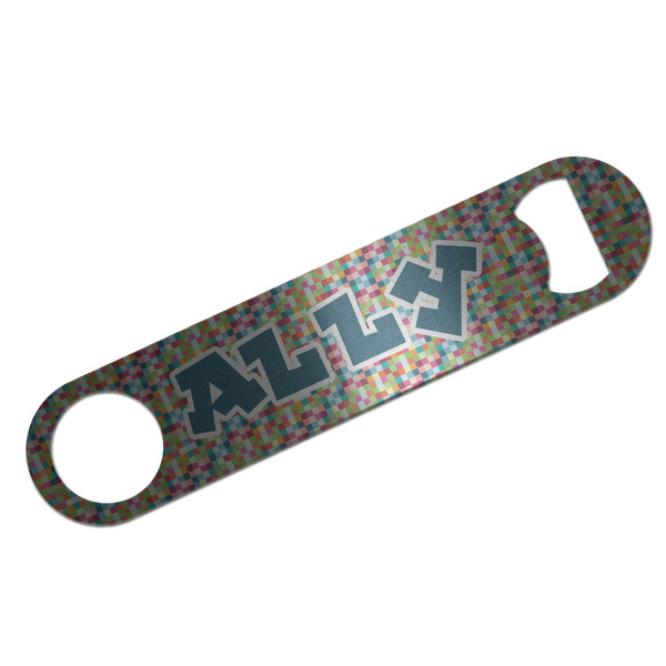 Custom Retro Pixel Squares Bar Bottle Opener - Silver w/ Name and Initial