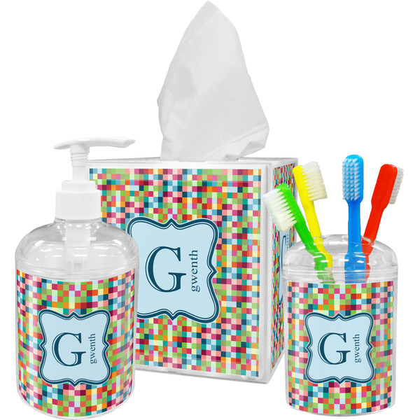 Retro Pixel Squares Bathroom Accessories Set (Personalized)