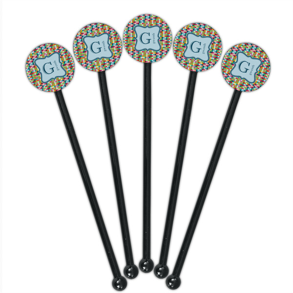Retro Pixel Squares Black Plastic 5.5" Stir Stick - Round - Fan View