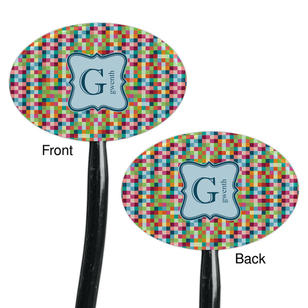 Retro Pixel Squares Black Plastic 7" Stir Stick - Double Sided - Oval - Front & Back