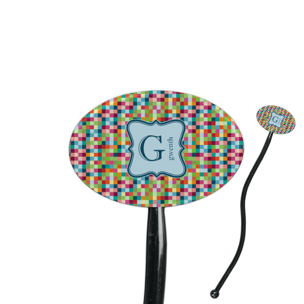 Custom Retro Pixel Squares 7" Oval Plastic Stir Sticks - Black - Single Sided (Personalized)