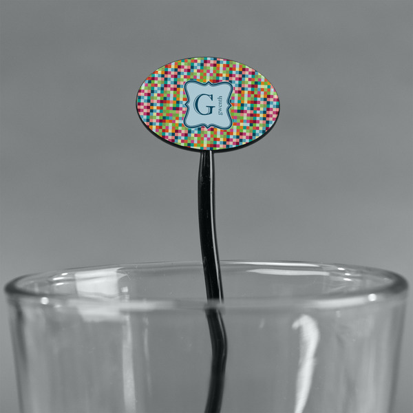Retro Pixel Squares Black Plastic 7" Stir Stick - Oval - Main