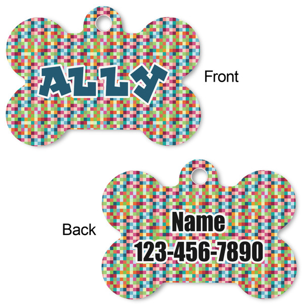 Retro Pixel Squares Bone Shaped Dog ID Tag - Large - Approval
