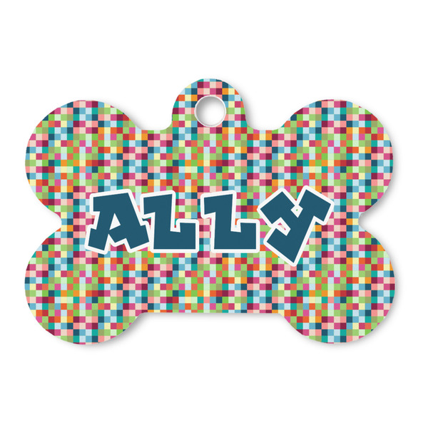 Custom Retro Pixel Squares Bone Shaped Dog ID Tag (Personalized)