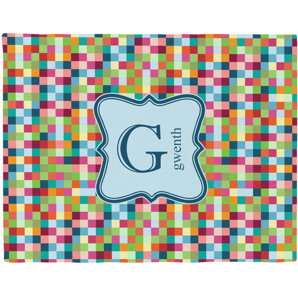 Custom Retro Pixel Squares Woven Fabric Placemat - Twill w/ Name and Initial
