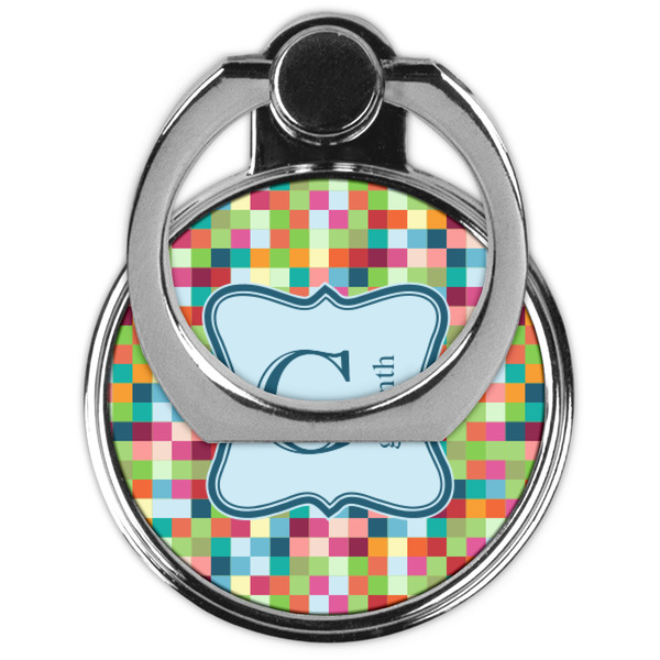 Retro Pixel Squares Cell Phone Ring Stand & Holder - Front (Collapsed)