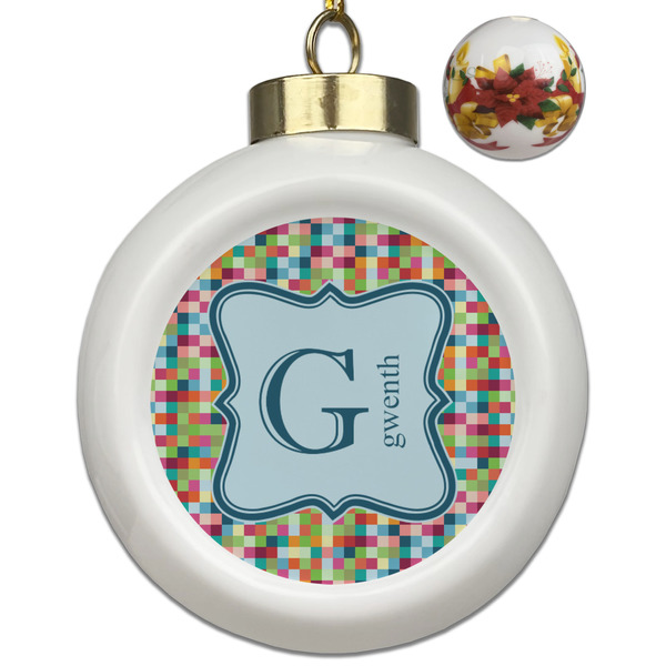 Custom Retro Pixel Squares Ceramic Ball Ornaments - Poinsettia Garland (Personalized)