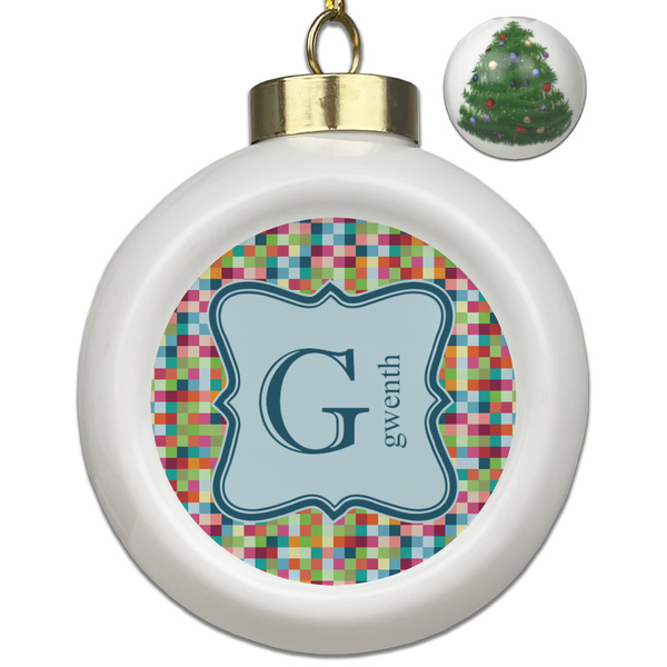 Custom Retro Pixel Squares Ceramic Ball Ornament - Christmas Tree (Personalized)